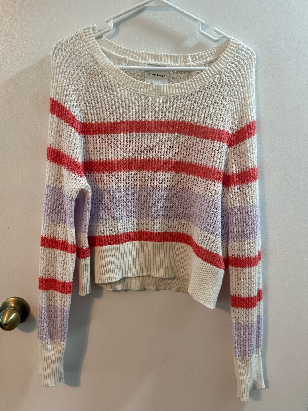Girls Baggy Pink Rose Cream Sweater with Red and Lavender Stripes